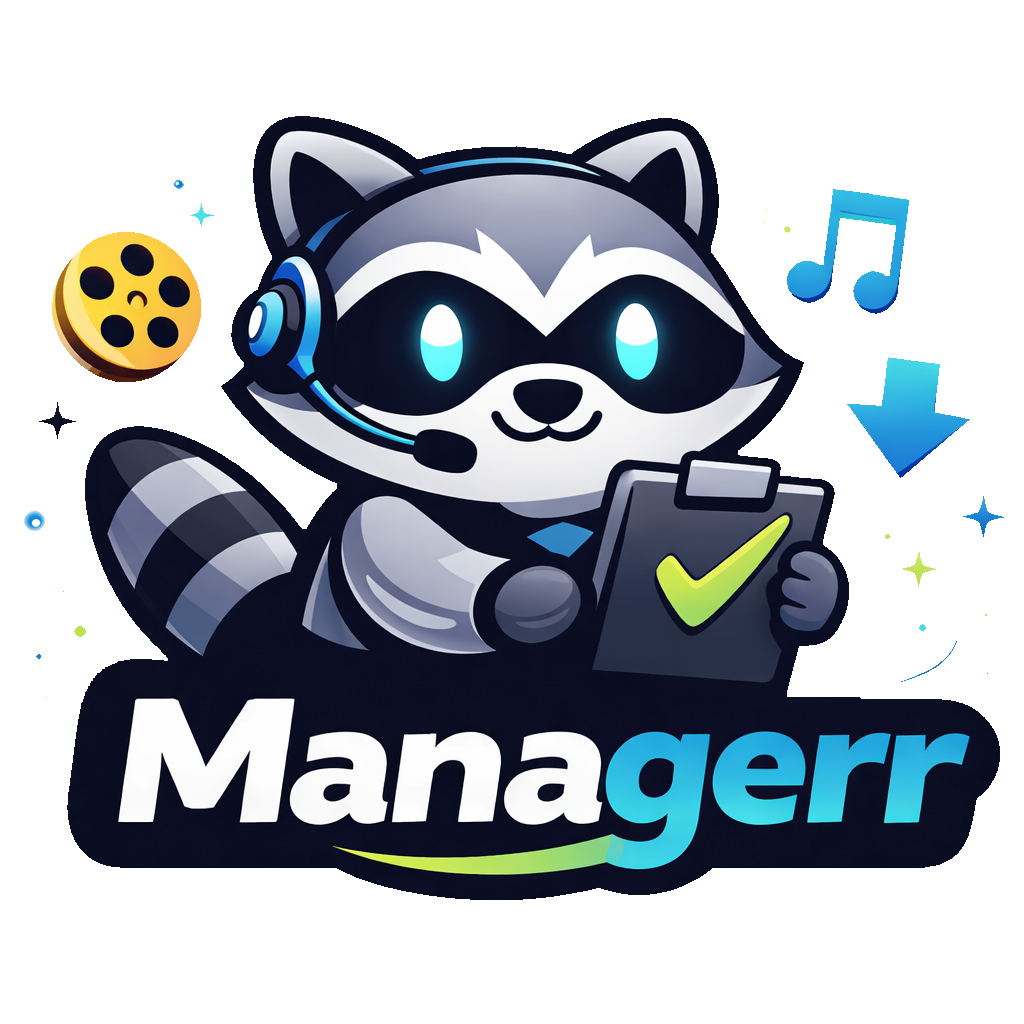 Manny the raccoon, Managerr's mascot, holding a clipboard with a checkmark